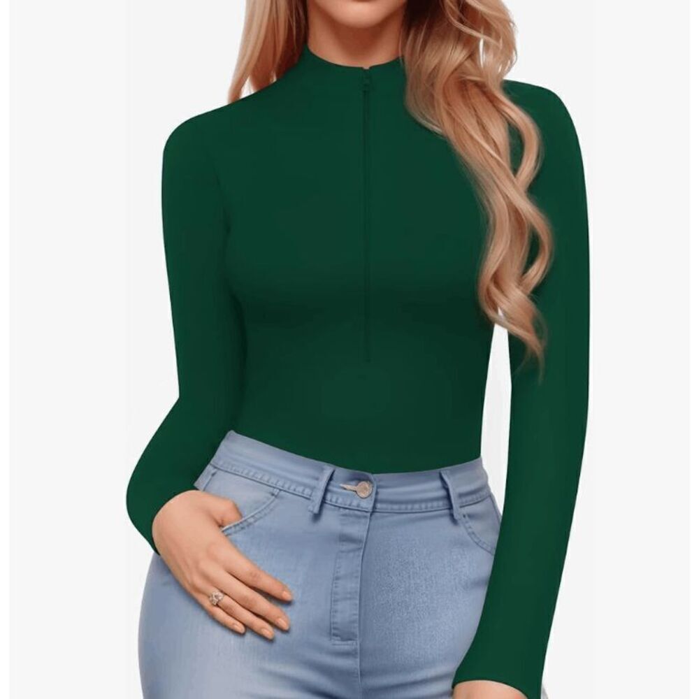 MANGOPOP Long Sleeve Body Suit Mock Turtle Neck Zip Up Bodysuit for Women Ribbed